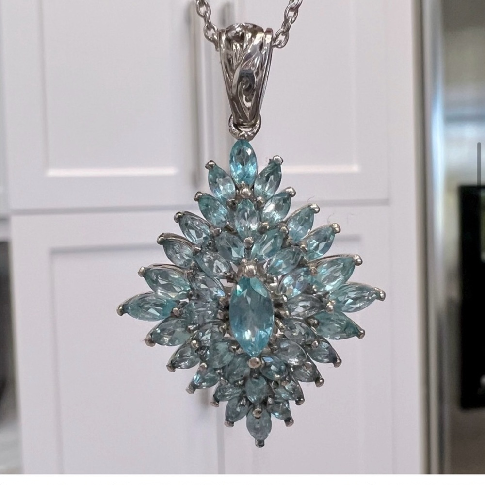 Paraiba Blue Apatite Sterling Silver Cluster Pendant Necklace